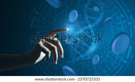 Hand point and touch DNA.Healthcare and medical icon pattern innovation digital technology technology background. Medical, science and technology concepts. Abstract futuristic design.