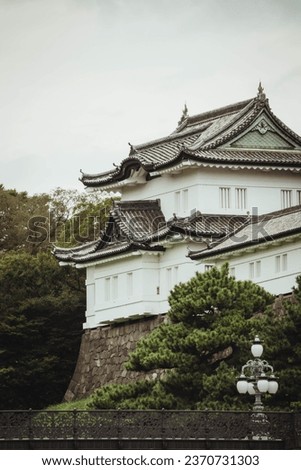 A close up vertical picture of the old Tokyo Imperial Palace. A white Edo castle in Chiyoda district in Tokyo surrounded by green trees. 