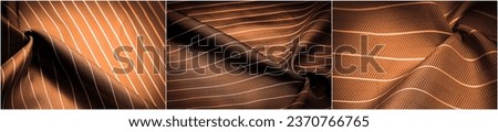 Features rich dark brown fabric with delicate white stripes. Used textured patterns and composite textiles. Emphatically natural elements are included in the overall composition of the design.