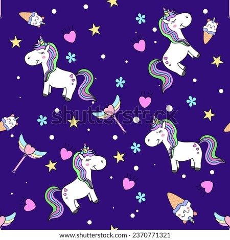 Cute cartoon unicorn decorative element on purple background Style for children, children's fabric patterns, wallpaper, gift wrapping paper