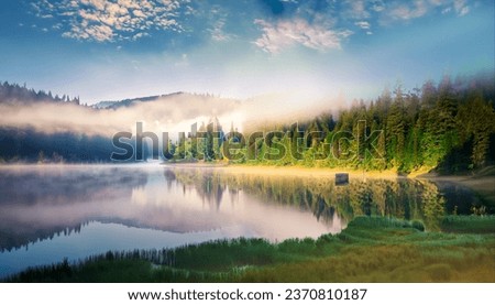 Misty morning scene of Lacu Rosu lake. Foggy summer sunrise in Harghita County, Romania, Europe. Beauty of nature concept background Royalty-Free Stock Photo #2370810187