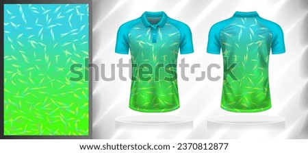 Vector sport pattern design template for Polo T-shirt front and back with short sleeve view mockup. Shades of green-blue-yellow color gradient abstract geometric texture background illustration.