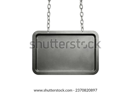 One metal signboard hanging on chain against white background. Space for text