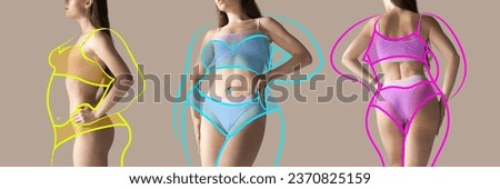Banner. Cropped photo of slim female bodies in underwear with drawn blue, yellow and pink overweight silhouette posing against studio background. Concept of healthy eating, diet, body care, sport. Ad