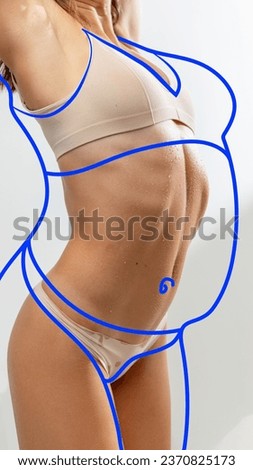 Cropped photo of slim female body in white underwear with drawn blue overweight silhouette posing against studio background. body positivity. Concept of healthy eating, diet, body care, sport