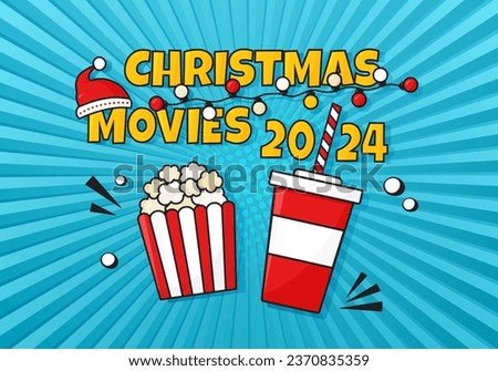 Christmas movies comic vector background. Cinema poster with popcorn and soda. Holiday film night. Santa Claus hat. Winter illustration