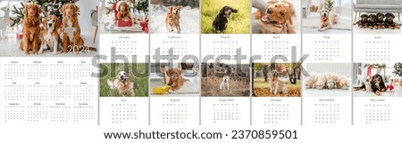 2024 year Photo calendar with cute dogs. Annual daily planner template with doggy pets. The week starts on Monday