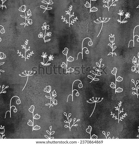 Flower doodles over solid black background. Cute flower doodles watercolor texture Botanical doodle seamless pattern. Fall leaves hand drawn doodles. Tiny flowers drawing.