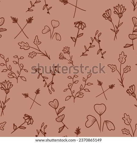 Flower doodles over solid terracota background. Cute flower doodles watercolor texture Botanical doodle seamless pattern. Fall leaves hand drawn doodles. Tiny flowers drawing.