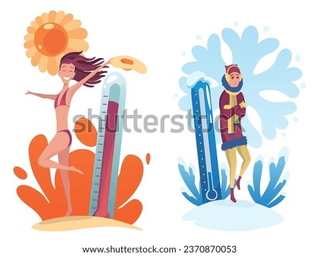 Hot cold weather. Meteorology thermometers illustration. Cartoon characters in summer and winter season