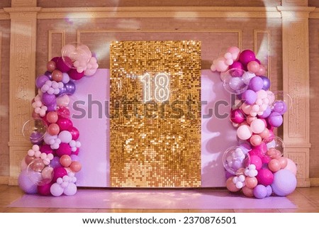 Photo zone for a girl 18 years old. A birthday party. Event decor