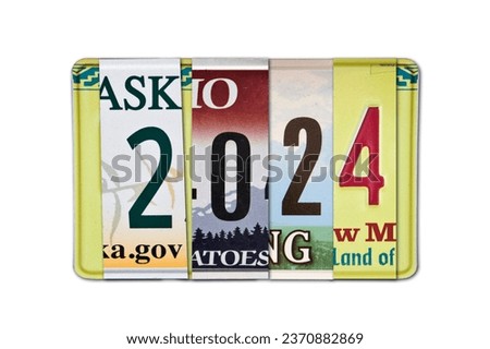 2024 written with US license plates, isolated on white background