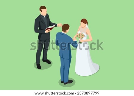 Isometric wedding couple and the priest are standing outdoors. The priest reads the text from the Bible. The wedding ceremony Royalty-Free Stock Photo #2370897799