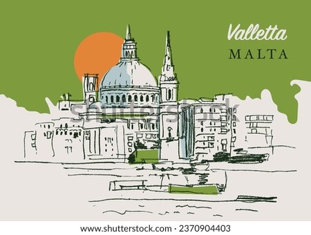 Vector hand drawn sketch illustration of the dome of St. Paul's cathedral in Valletta, the capital of Malta. Royalty-Free Stock Photo #2370904403