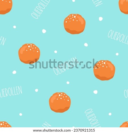 Seamless pattern with oliebollen, snow and basic text on turquoise background. Dutch traditional doughnuts with sugar. Fried sweets for New Year celebration. Food theme wallpaper. Vector illustration. Royalty-Free Stock Photo #2370921315