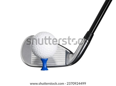 Golf Fairway Iron with a Golf Ball on Blue Tee, isolated on a White Background