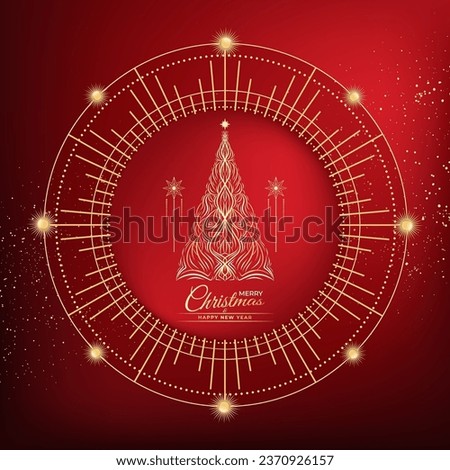 Decorative card of golden Christmas tree, stars, text. Happy New Year, Merry Christmas symbol, round ornate composition, elements for winter holiday, Xmas design. Vector illustration on red background