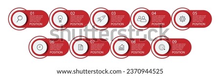 Business Infographic Template Design. Timeline with 9 marketing steps, options and icons. Vector linear infographic with nine connected elements. Can be used for presentations in your business.