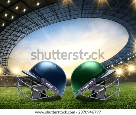 Cricket batting helmet with protective grill on Cricket Ground Royalty-Free Stock Photo #2370946797