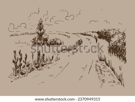 Rural scenery. Meadow, alkali, lye, grassland, pommel, lea, pasturage. Rural scenery landscape panorama of countryside pastures. Vector sketch illustration
 Royalty-Free Stock Photo #2370949315