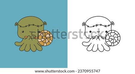 Cute Halloween Octopus Clipart for Coloring Page and Illustration. Happy Clip Art Halloween Underwater Animal. Cute Vector Illustration of a Kawaii Halloween Marine Animal in a Zombie Costume. 