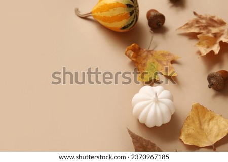 Composition with candle and beautiful autumn decor on color background