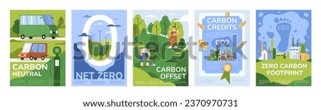 Set of brochure or poster of net zero emissions, carbon neutral or renewable energy. Sustainable development cover design templates. Save environment concept. Flyers of steps for reduce emission co2. Royalty-Free Stock Photo #2370970731