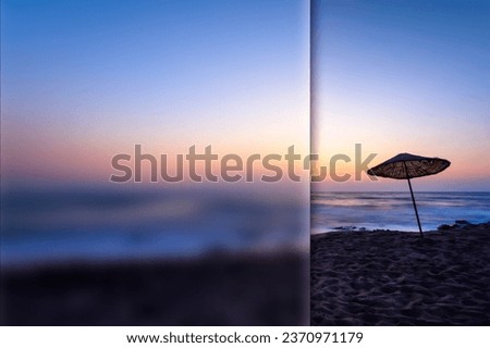Sunset beach. Photo with a frosted glass effect applied to one side. Presentation, card, poster etc. ready-to-use image. Sunset nature background.