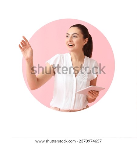 Happy young businesswoman with tablet computer on white background Royalty-Free Stock Photo #2370974657