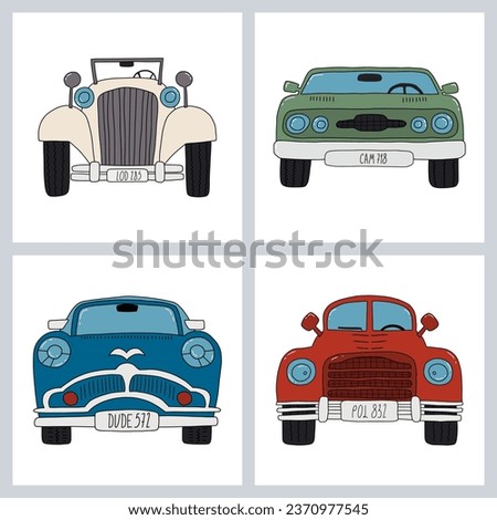 Collection of Vector illustrations with retro cars 50th. Cute set children's concept print with automobile for kids room design, wallpaper, textiles, wrapping paper, apparel, clothing, bag or cup. 
