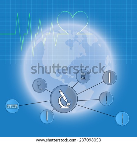 Vector illustration with hospital instruments placed in world.