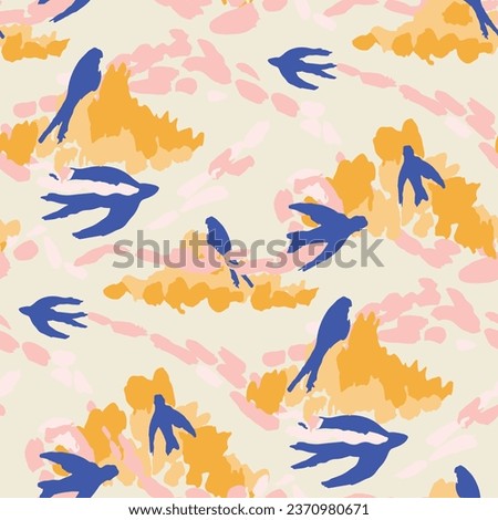 Swallows in the clouds seamless pattern. Not AI, drawn by hand.