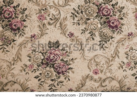Vector illustration of beige fabric with floral pattern. Furniture jacquard fabric with flowers in geometric style.
 Royalty-Free Stock Photo #2370980877