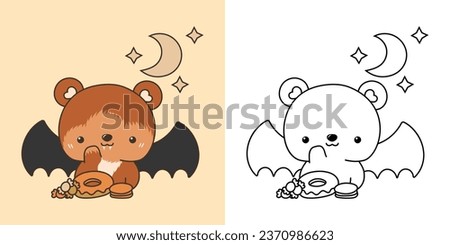 Cute Halloween Bear Illustration and For Coloring Page. Cartoon Clip Art Halloween Forest Animal. Cute Vector Illustration of a Kawaii Halloween Animal in a Vampire Costume. 