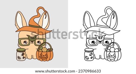 Kawaii Halloween Bunny Clipart Multicolored and Black and White. Cute Kawaii Halloween Rabbit. Cute Vector Illustration of Halloween Kawaii Forest Animal in Witch Costume. 
