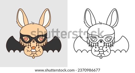 Kawaii Halloween Bunny Multicolored and Black and White. Beautiful Clip Art Halloween Rabbit. Cute Vector Illustration of a Kawaii Halloween Forest Animal in a Vampire Costume. 