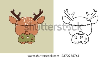 Kawaii Halloween Deer Multicolored and Black and White. Beautiful Clip Art Halloween Animal. Cute Vector Illustration of a Kawaii Halloween Forest Animal in a Zombie Costume. 