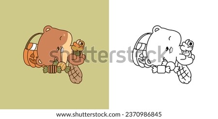 Cute Halloween Beaver Illustration and For Coloring Page. Cartoon Clip Art Halloween Forest Animal. Cute Vector Illustration of a Kawaii Halloween Animal with Sweets. 