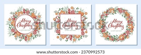Set cards Merry Christmas and happy new year. Background decorated with different winter plants, cookies and sweets. Vector illustration