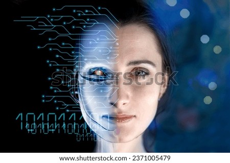 Portrait of a woman symbolically turning into plastic robot face, virtual human, virtual character, or digital clone, using computer-generated from the real persona. AI artificial intelligence.