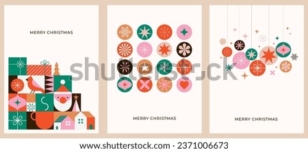 Christmas cards in modern minimalist geometric style. Colorful illustration in flat vector cartoon style. Xmas backgrounds with geometrical patterns, stars and abstract elements Royalty-Free Stock Photo #2371006673