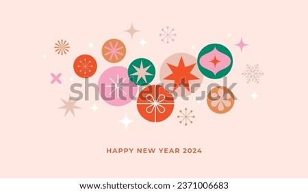 Christmas background in modern minimalist geometric style. Colorful illustration in flat vector cartoon style. Christmas decorations with geometrical patterns, stars and abstract elements
