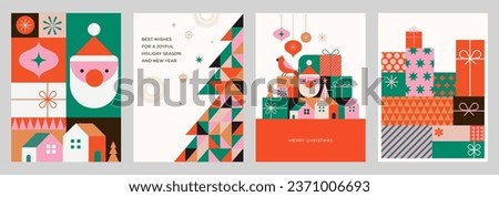 Christmas cards in modern minimalist geometric style. Colorful illustration in flat vector cartoon style. Xmas backgrounds with geometrical patterns, stars and abstract elements