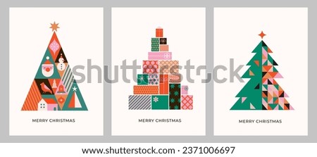 Christmas trees in modern minimalist geometric style. Story templates, posters, cards. Colorful illustration in flat cartoon style. Xmas trees with geometrical patterns, stars and abstract vector