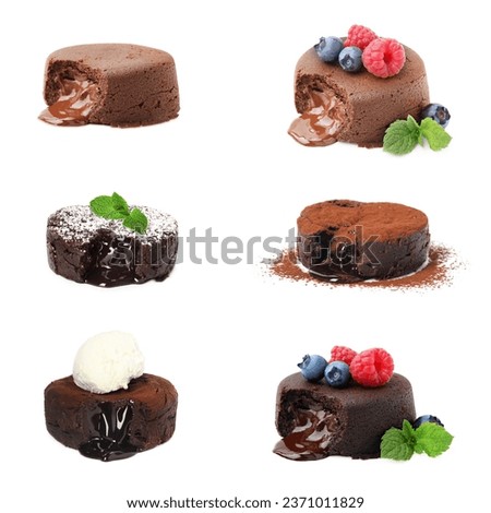 Set of yummy fondant cakes with hot chocolate isolated on white Royalty-Free Stock Photo #2371011829