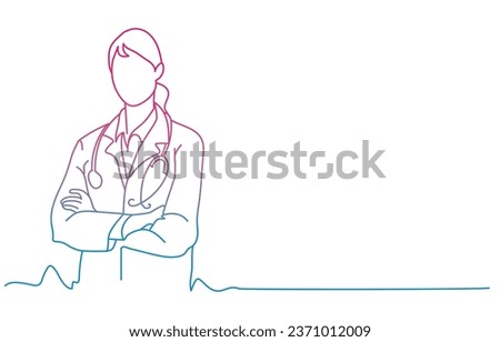 Female doctor with a stethoscope line art illustration isolated on a white background 