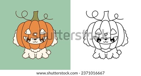Cute Halloween Poodle Dog Clipart Illustration and Black and White. Kawaii Clip Art Halloween Dog. Cute Vector Illustration of a Kawaii Halloween Animal Inside a Pumpkin. 