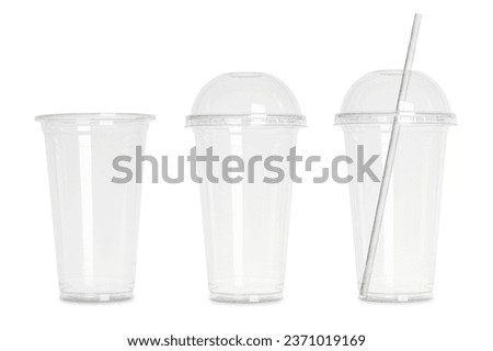 Collage with plastic cup isolated on white Royalty-Free Stock Photo #2371019169
