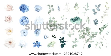 Blue rose and sage green eucalyptus, ivory peony, magnolia, dusty blue hydrangea, ranunculus flowers vector collection. Floral pastel watercolor wedding set. All elements are isolated and editable