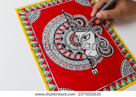 Handmade Painging of Hindu Goddess Durga. Madhubani or Mithila art design. Happy Navratri or Durga Puja. Copyspace or empty space. 